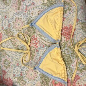 PINK Yellow Bikini Top with Blue Lace Trim